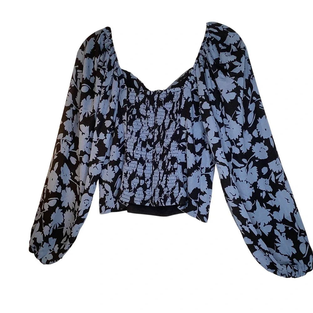 Abercrombie & Fitch Blue Black Floral Puff Sleeve Smocked Crop Top Medium New